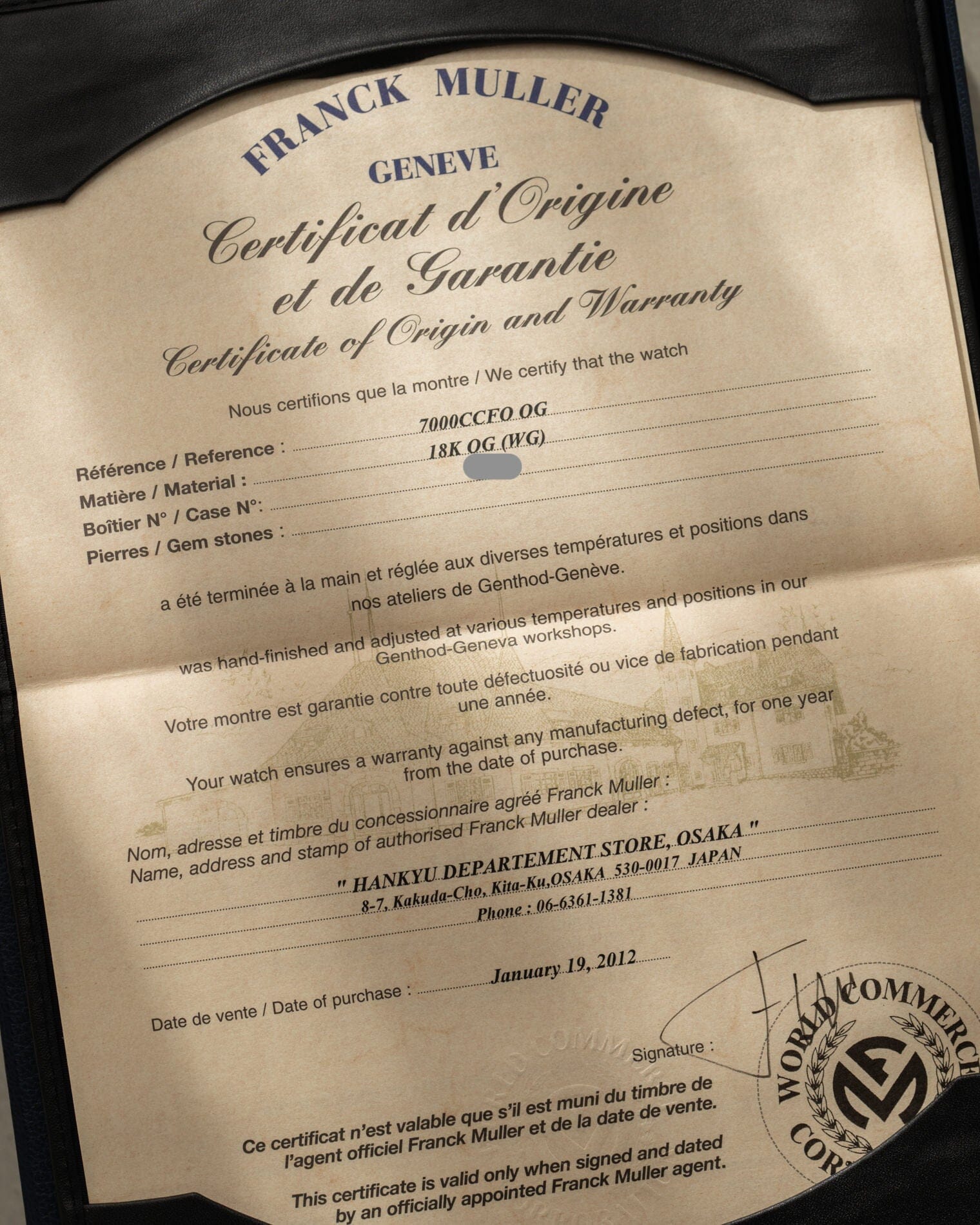 Franck Muller 7000CC クロノグラフ WG ブラック 箱保証書付き Watch FRACK MULLER